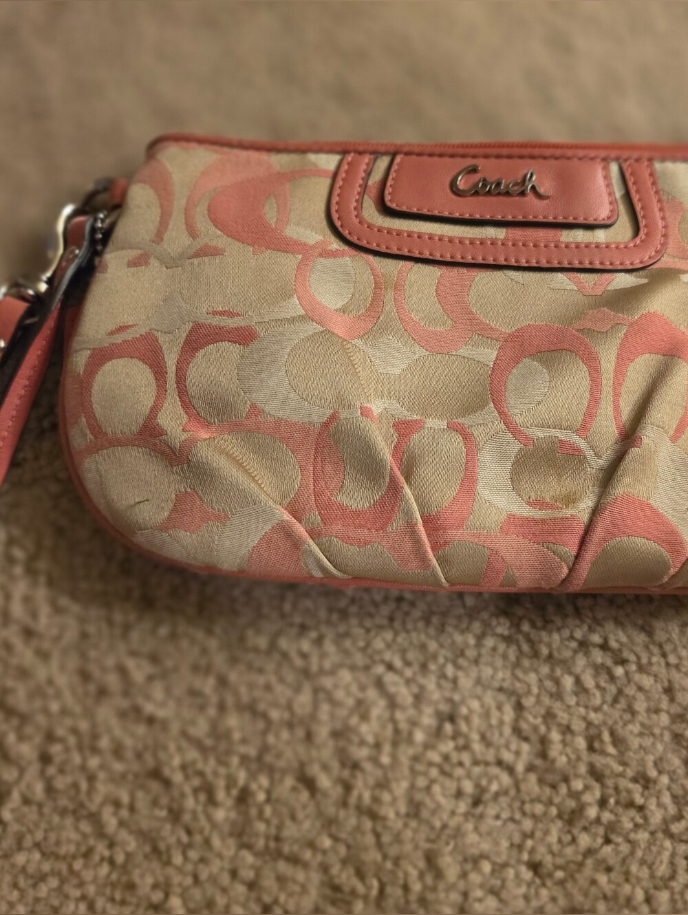 Coach Pink Salmon Signature Pleated Wristlet EUC